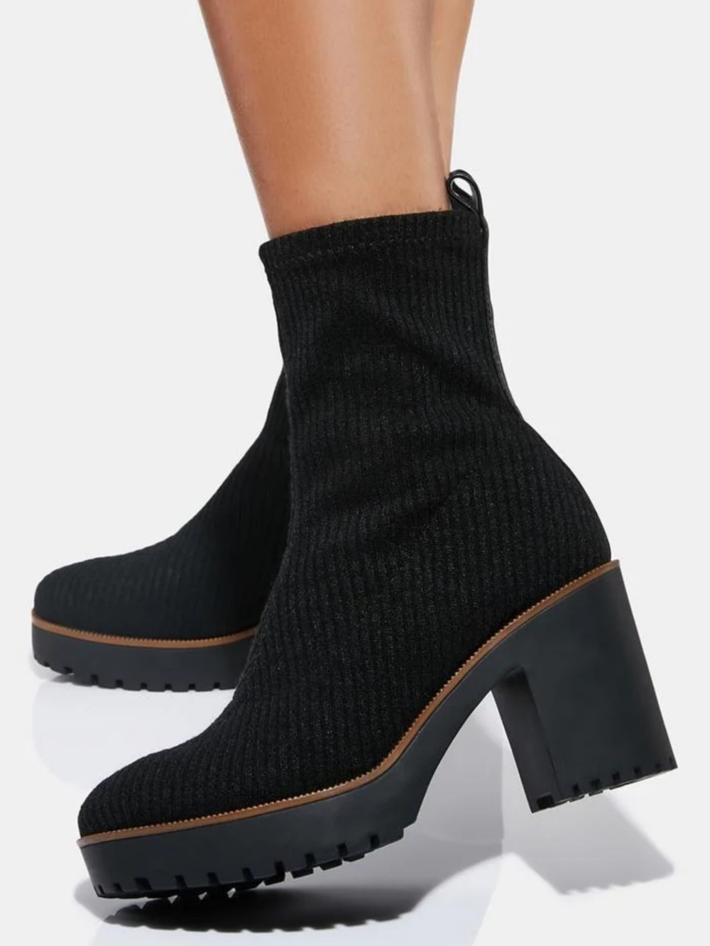 Chinese Laundry Garvey Black Knit Lug-Sole Block Heel Ankle Boots Size 7